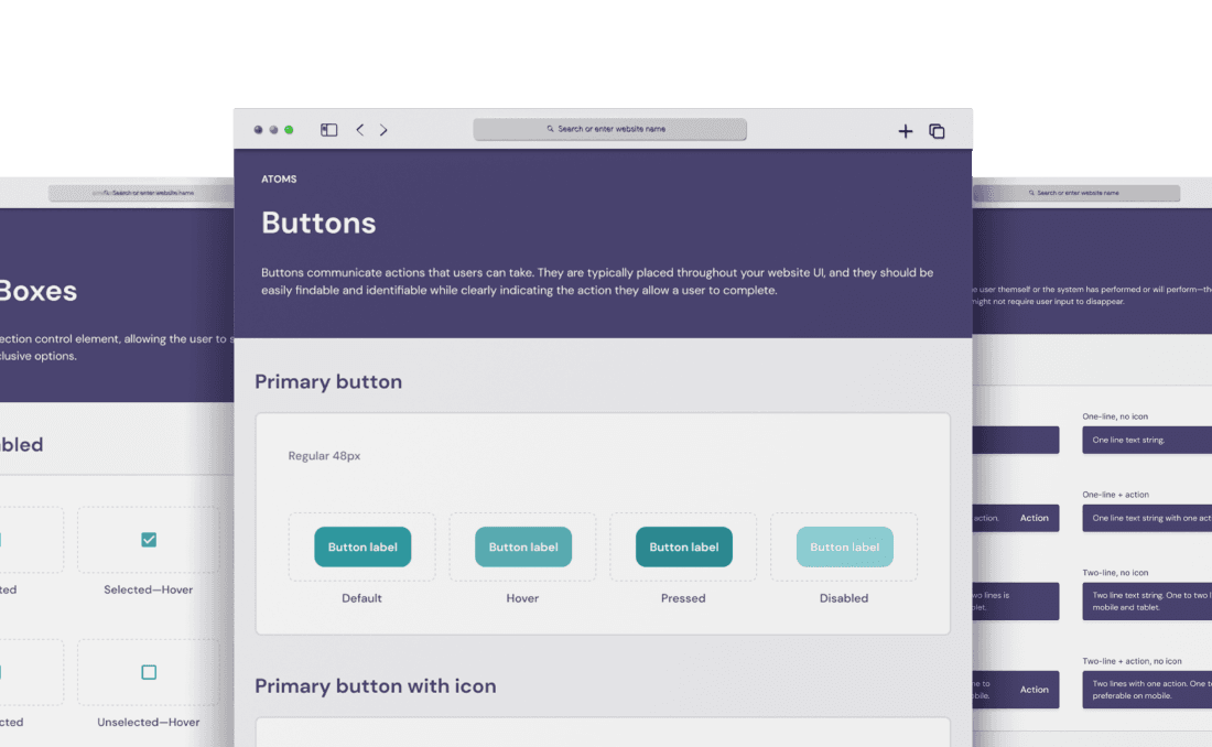 SchoolMessenger UI kit component documentation displayed in browser windows
