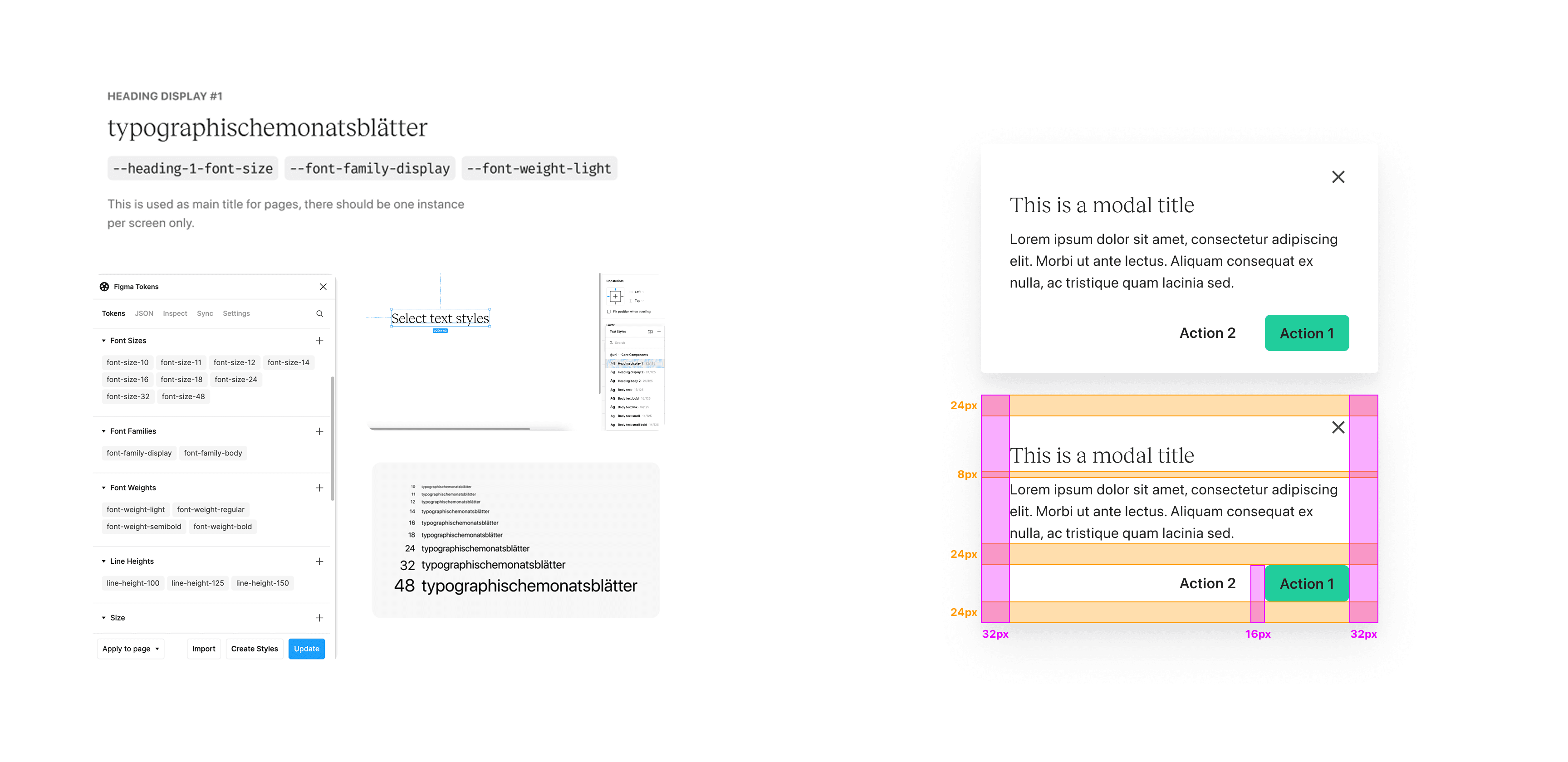 Teachable design system typography tokens and modal component specifications