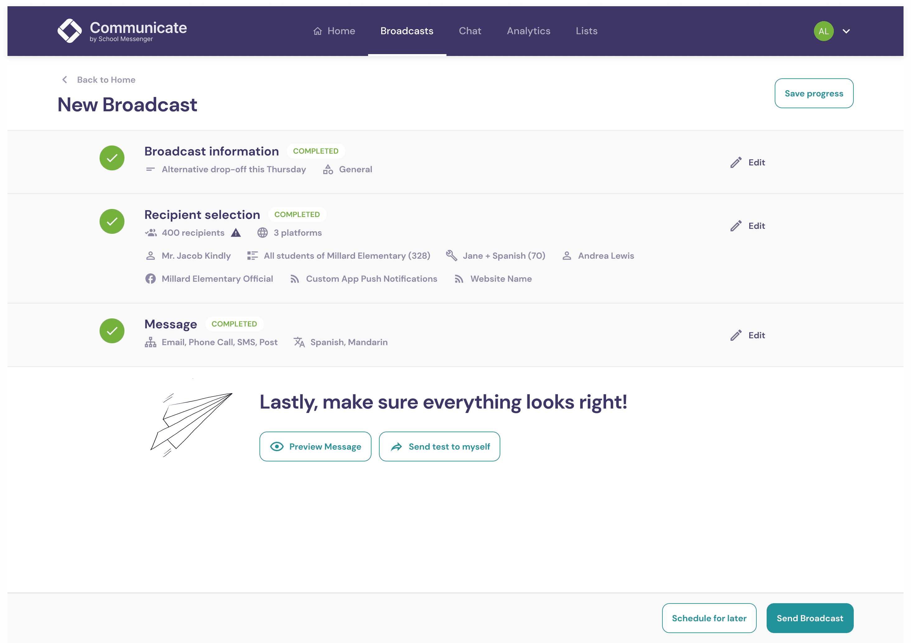 Completed SchoolMessenger broadcast summary