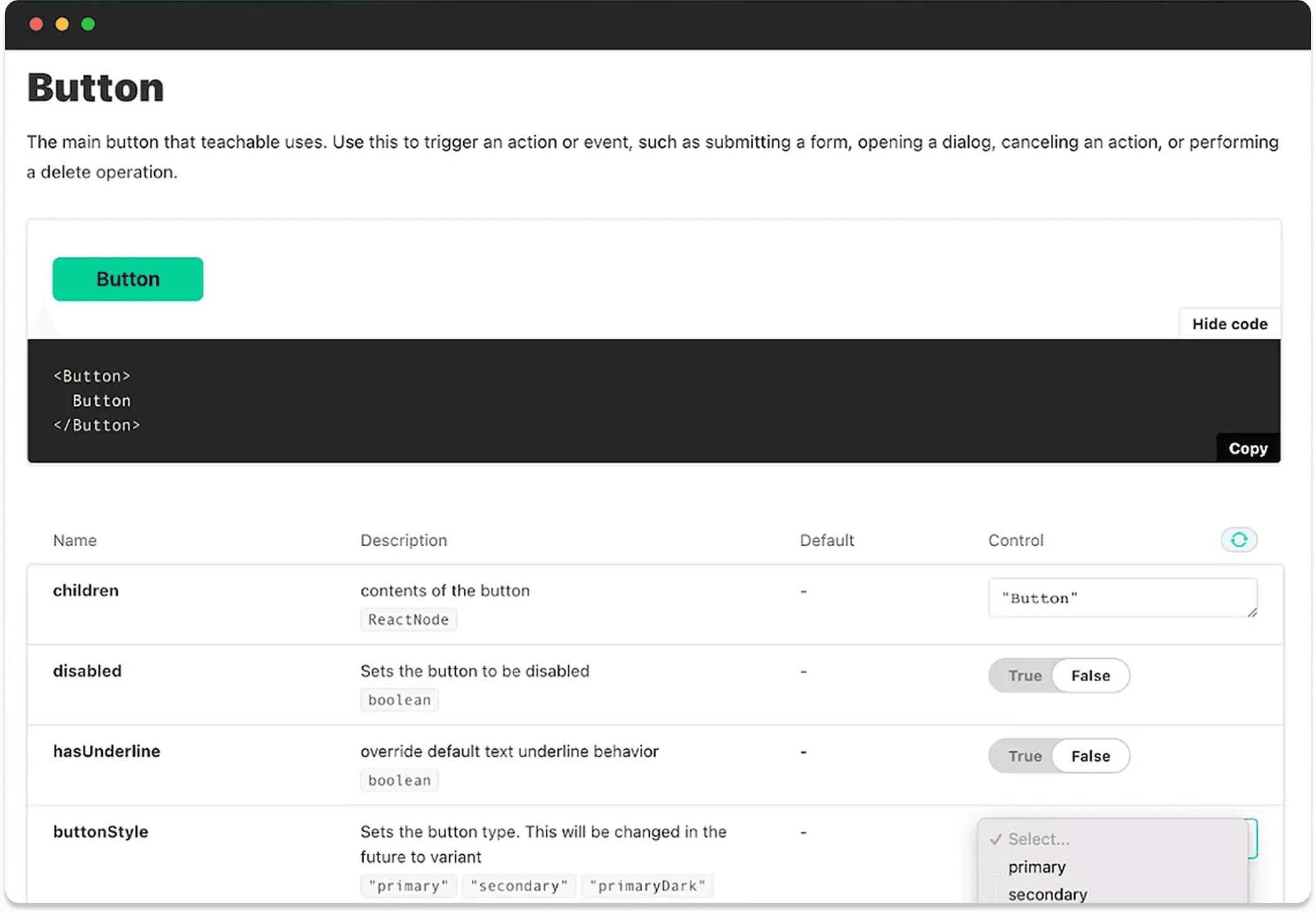 Teachable UNI button component documentation
